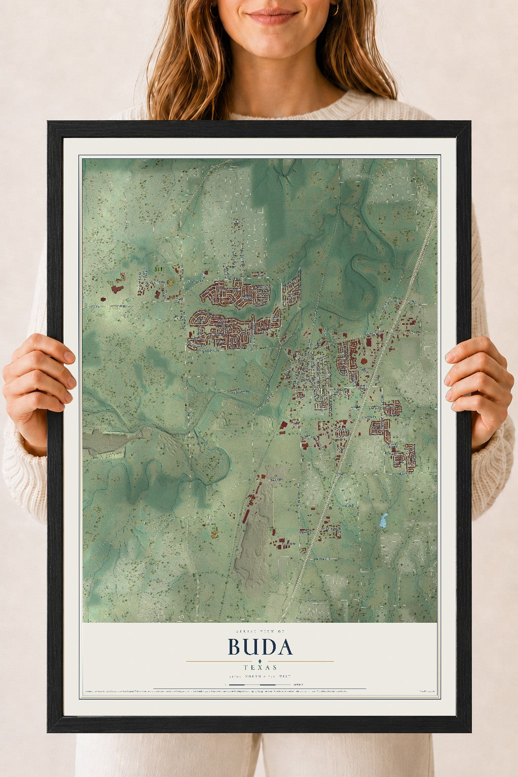 Map of Buda, Texas, 18 x 24 inch print in a black wood frame