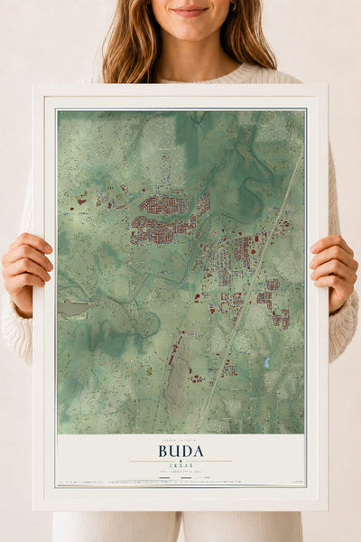Map of Buda, Texas, 18 x 24 inch print in a white wood frame