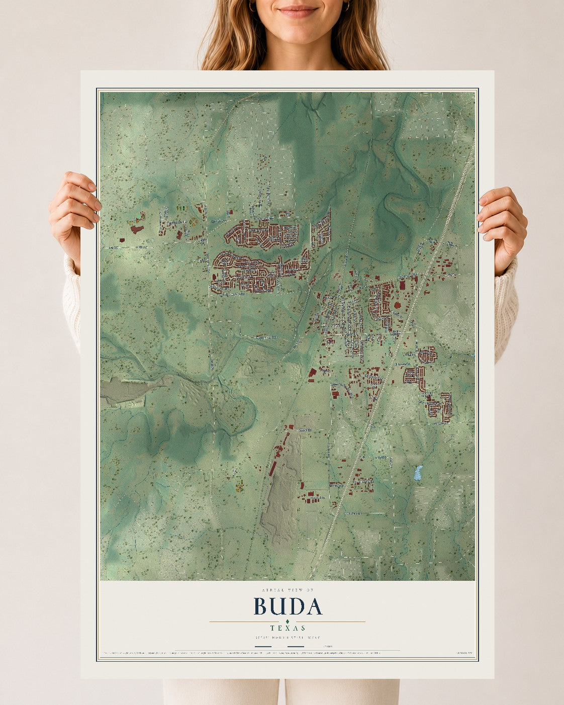 Map of Buda, Texas, 24 x 36 inch unframed archival matte print