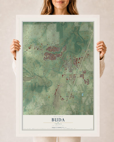 Map of Buda, Texas, 24 x 36 inch print in a white wood frame