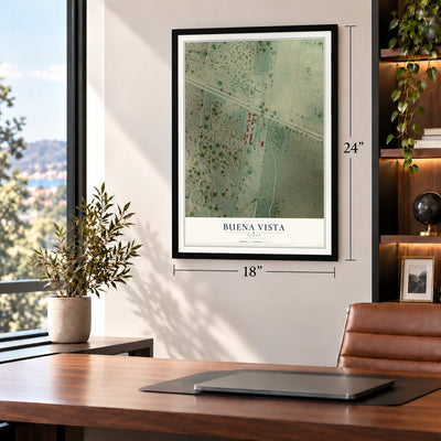 Buena Vista, Texas map, 18 x 24 inch print in a black frame in a home office