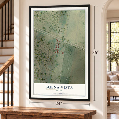 Buena Vista, Texas map, 24 x 36 inch print in a black frame by a staircase