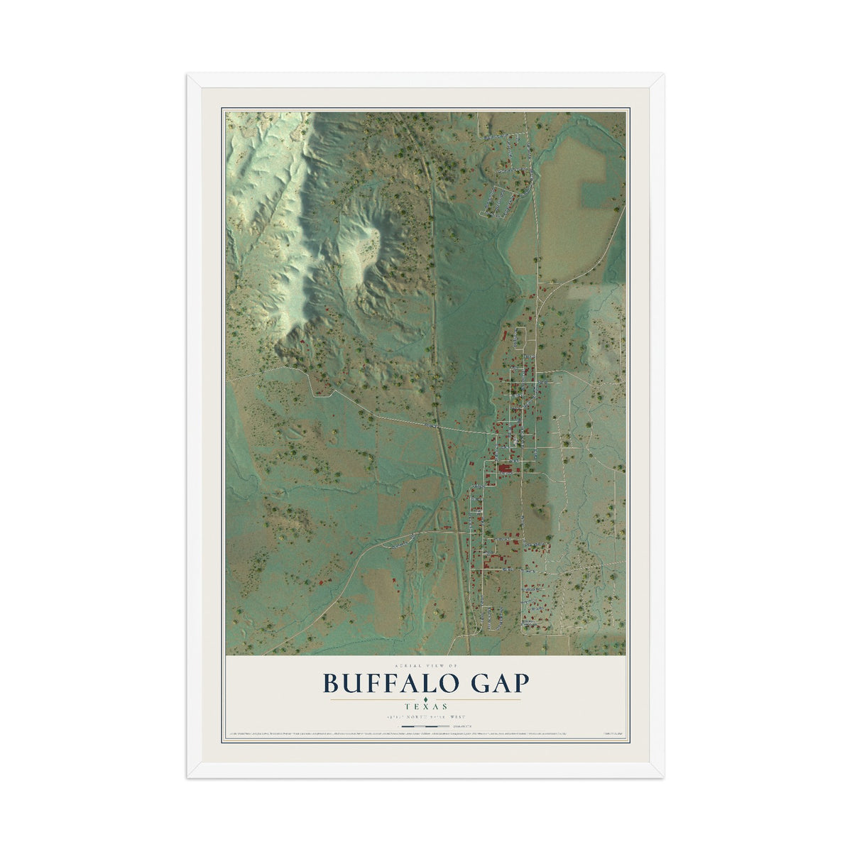 Map of Buffalo Gap, Texas, 12 x 18 inch print in a white wood frame