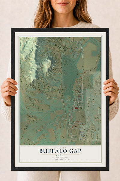 Map of Buffalo Gap, Texas, 18 x 24 inch print in a black wood frame