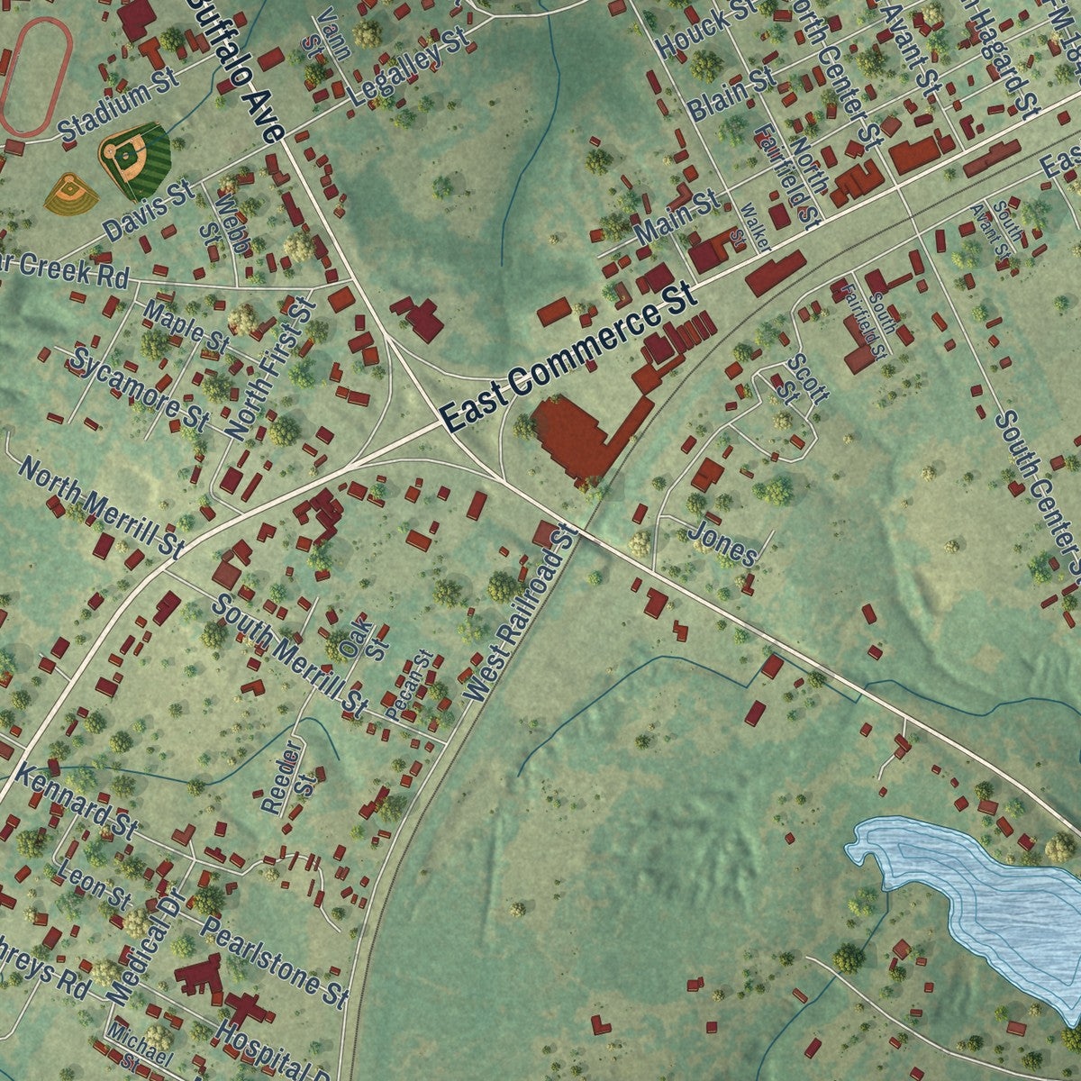 Close-up of the map of Buffalo, Texas print showing street and building detail