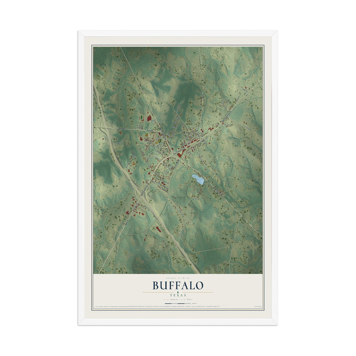 Map of Buffalo, Texas, 12 x 18 inch print in a white wood frame