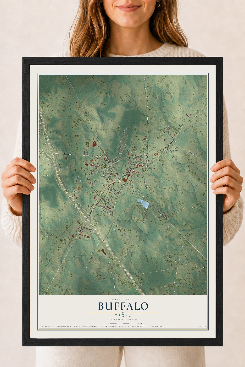 Map of Buffalo, Texas, 18 x 24 inch print in a black wood frame