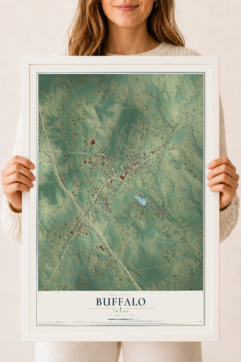 Map of Buffalo, Texas, 18 x 24 inch print in a white wood frame