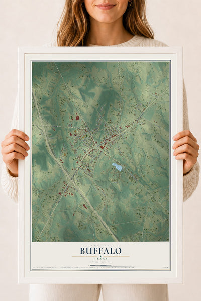 Map of Buffalo, Texas, 18 x 24 inch print in a white wood frame