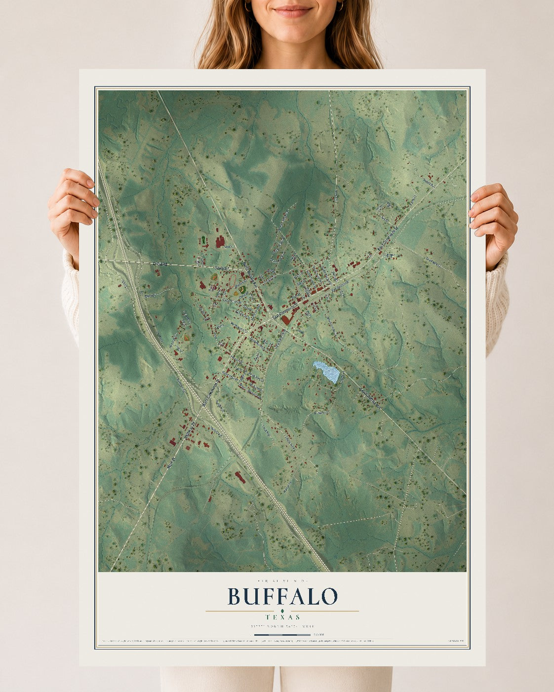 Map of Buffalo, Texas, 24 x 36 inch unframed archival matte print