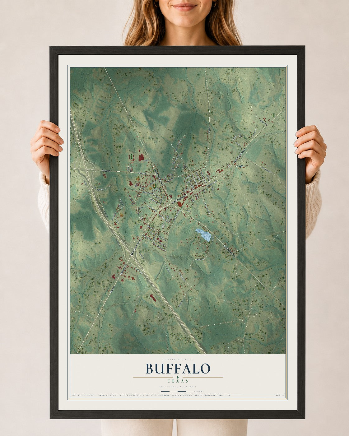 Map of Buffalo, Texas, 24 x 36 inch print in a black wood frame