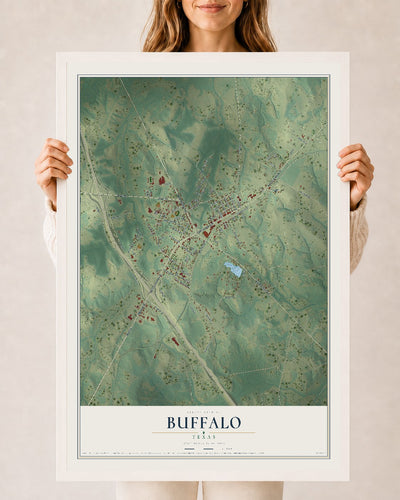 Map of Buffalo, Texas, 24 x 36 inch print in a white wood frame