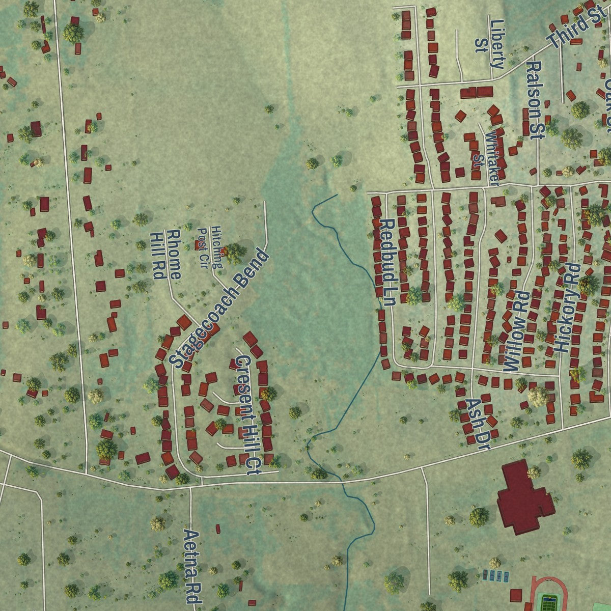 Close-up of the map of Bullard, Texas print showing street and building detail
