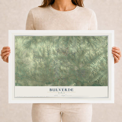 Map of Bulverde, Texas, 12 x 18 inch print in a white wood frame