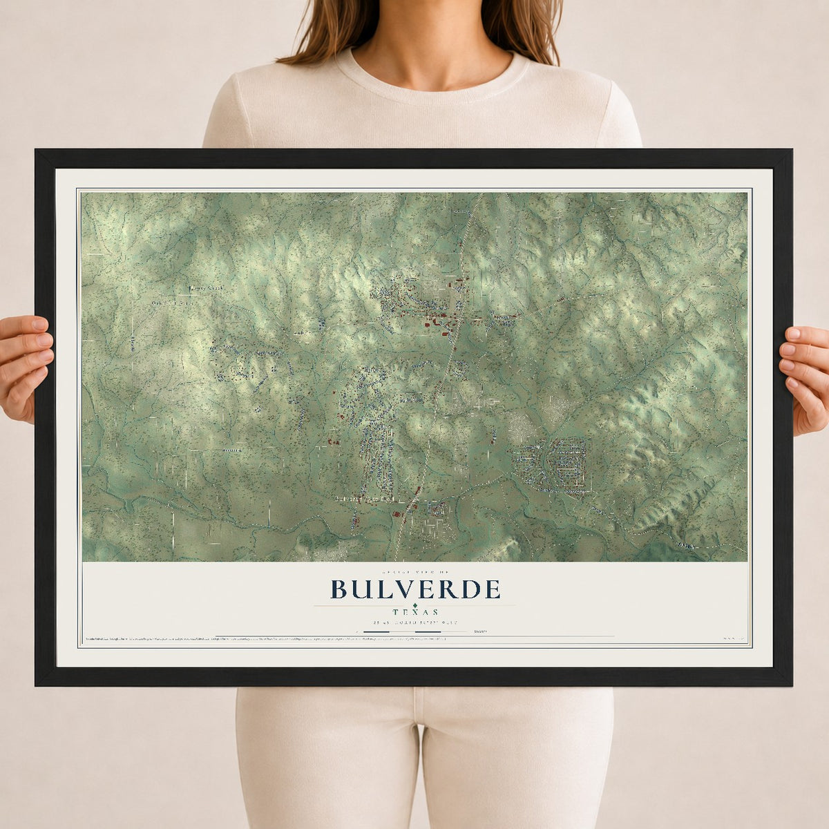 Map of Bulverde, Texas, 18 x 24 inch print in a black wood frame