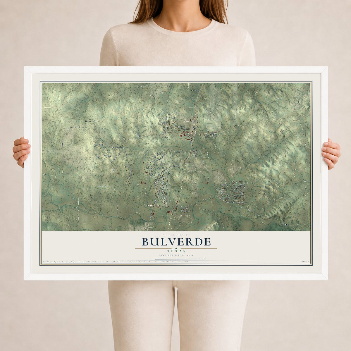Map of Bulverde, Texas, 24 x 36 inch print in a white wood frame