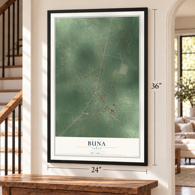 Buna, Texas map, 24 x 36 inch print in a black frame by a staircase
