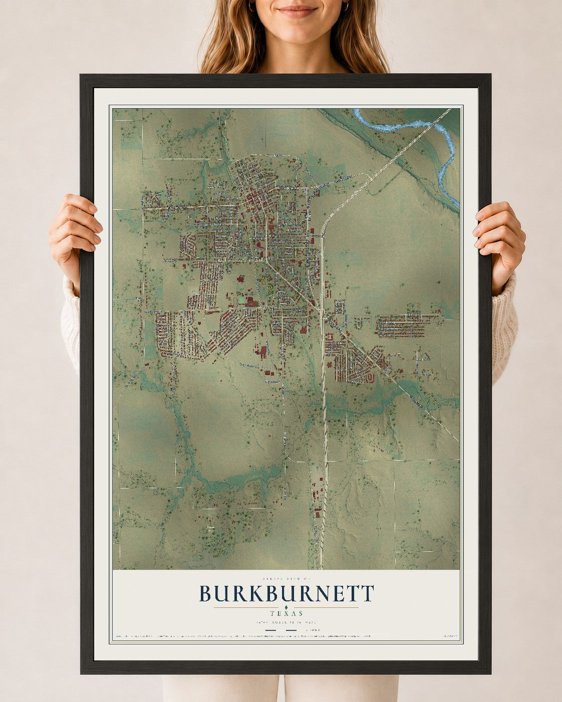 Map of Burkburnett, Texas, 24 x 36 inch print in a black wood frame