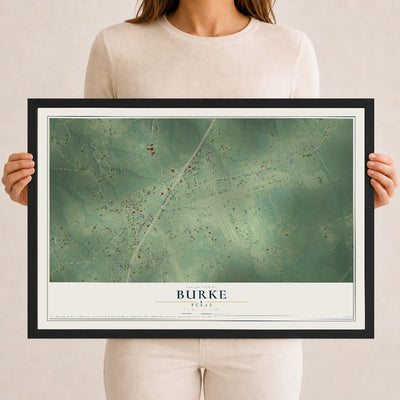 Map of Burke, Texas, 12 x 18 inch print in a black wood frame