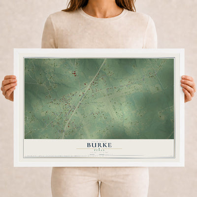 Map of Burke, Texas, 12 x 18 inch print in a white wood frame