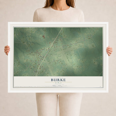 Map of Burke, Texas, 24 x 36 inch print in a white wood frame