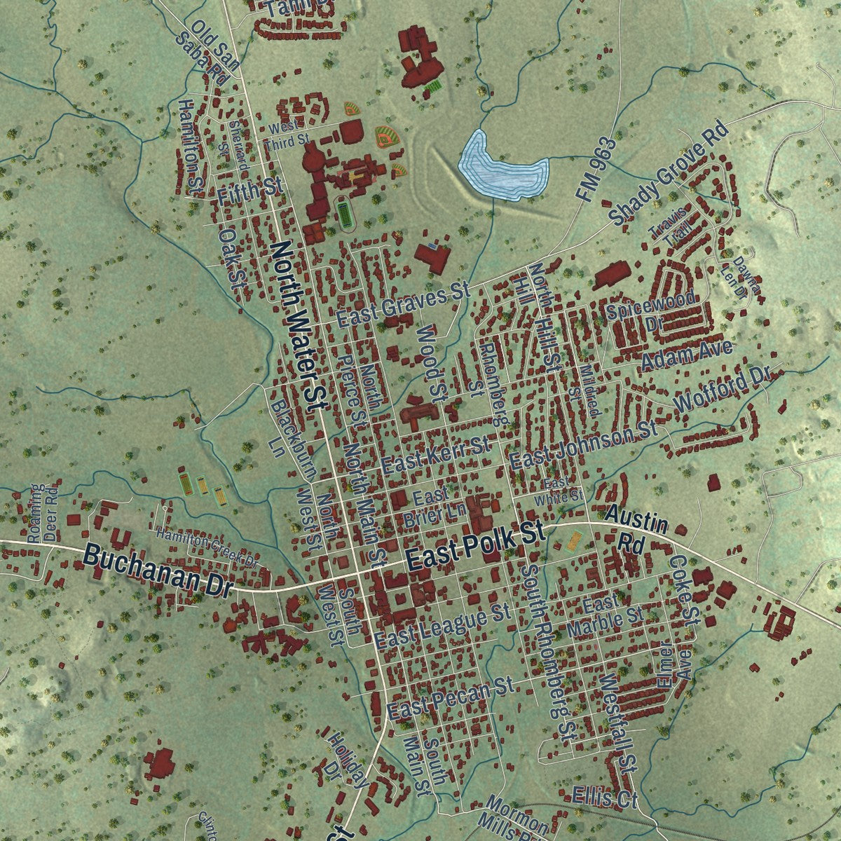 Close-up of the map of Burnet, Texas print showing street and building detail