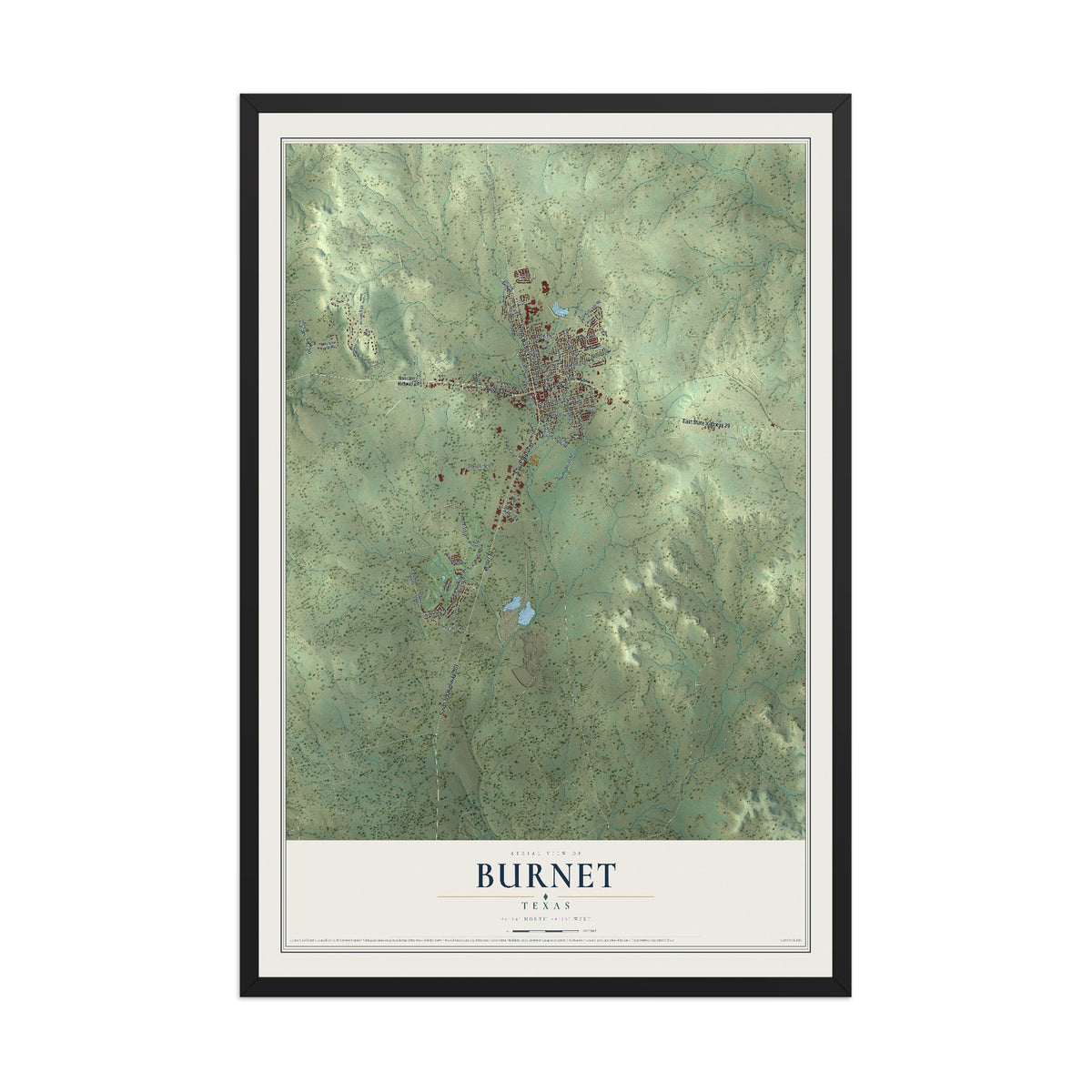 Map of Burnet, Texas, 12 x 18 inch print in a black wood frame