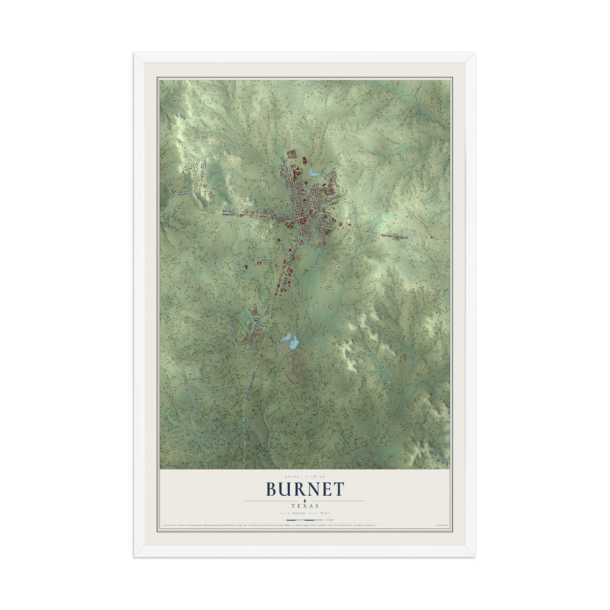 Map of Burnet, Texas, 12 x 18 inch print in a white wood frame
