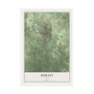 Map of Burnet, Texas, 12 x 18 inch print in a white wood frame