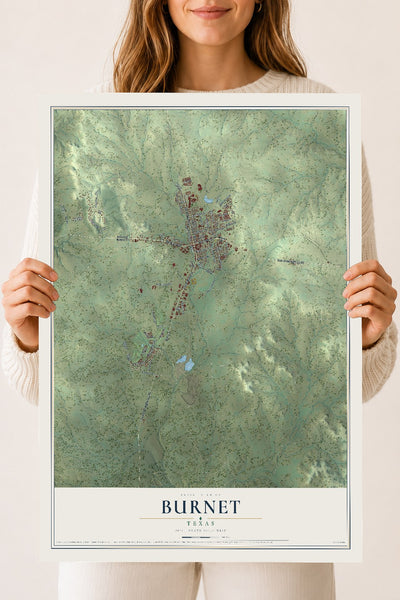 Map of Burnet, Texas, 18 x 24 inch unframed archival matte print