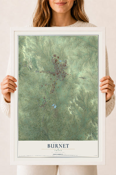 Map of Burnet, Texas, 18 x 24 inch print in a white wood frame