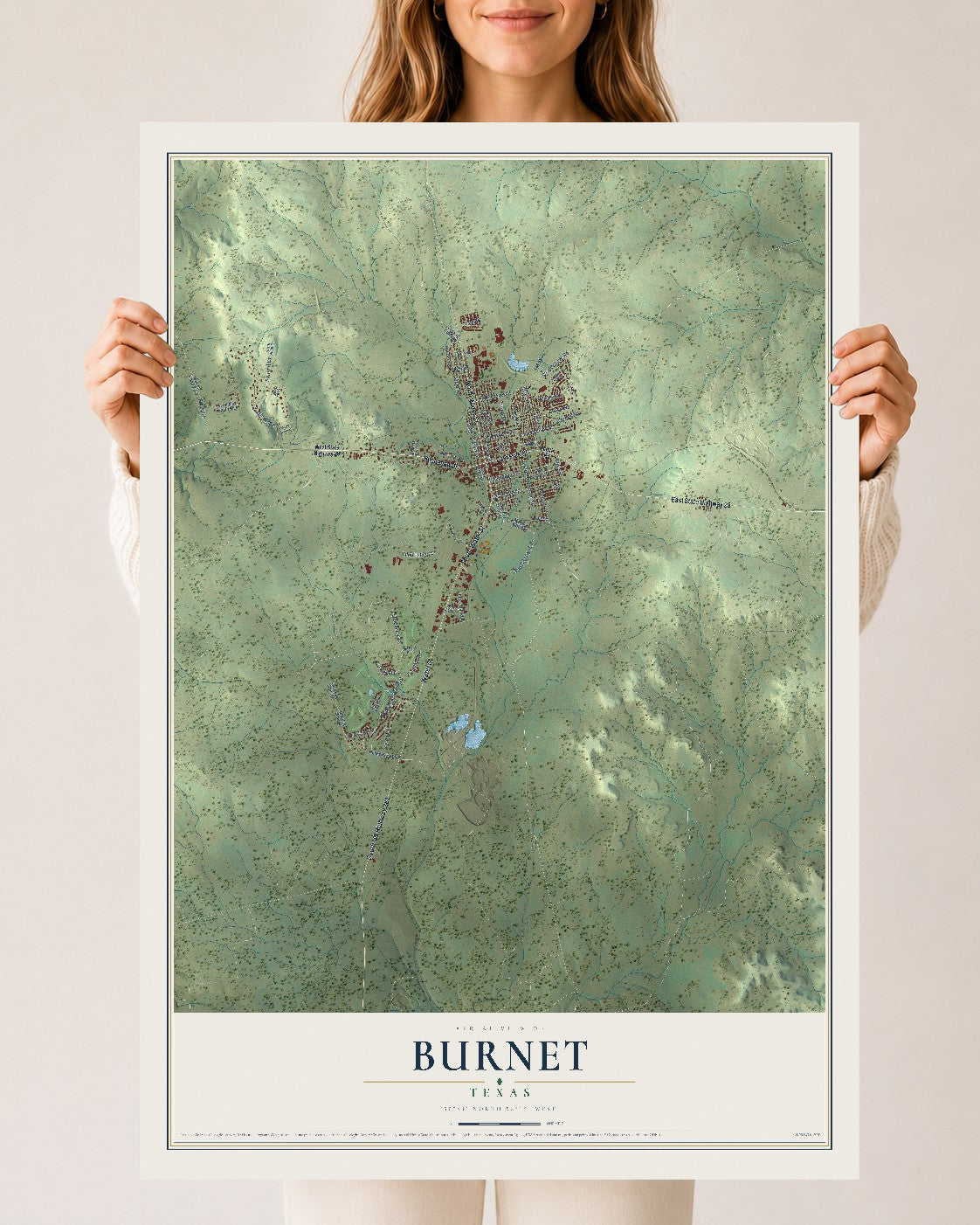 Map of Burnet, Texas, 24 x 36 inch unframed archival matte print
