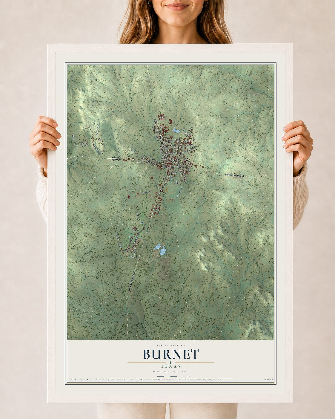 Map of Burnet, Texas, 24 x 36 inch print in a white wood frame