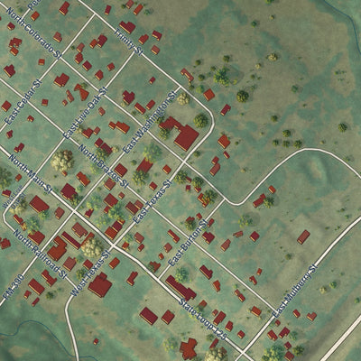 Close-up of the map of Burton, Texas print showing street and building detail