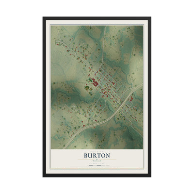 Map of Burton, Texas, 12 x 18 inch print in a black wood frame