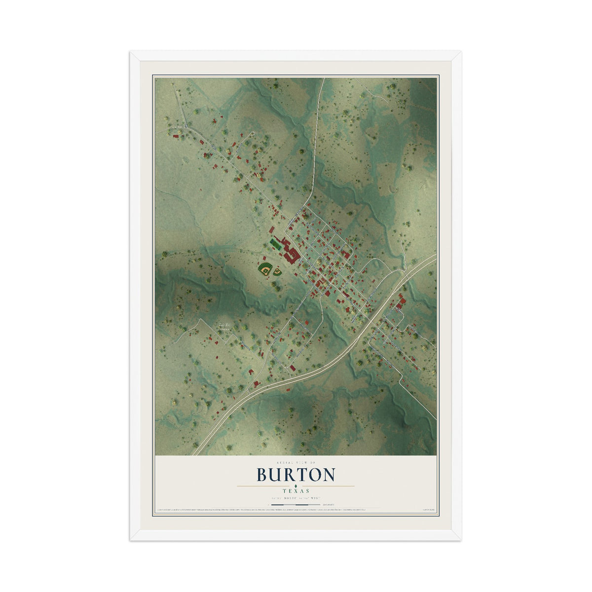Map of Burton, Texas, 12 x 18 inch print in a white wood frame
