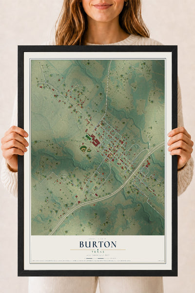 Map of Burton, Texas, 18 x 24 inch print in a black wood frame