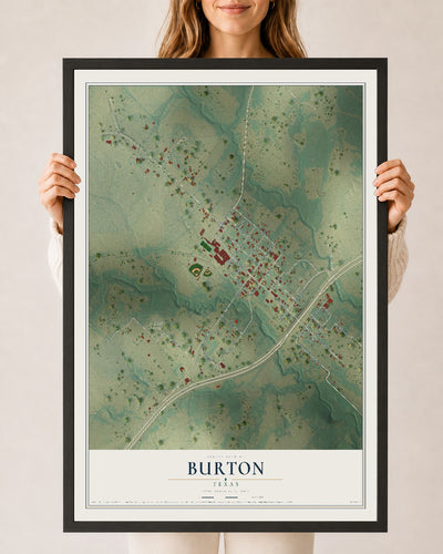 Map of Burton, Texas, 24 x 36 inch print in a black wood frame