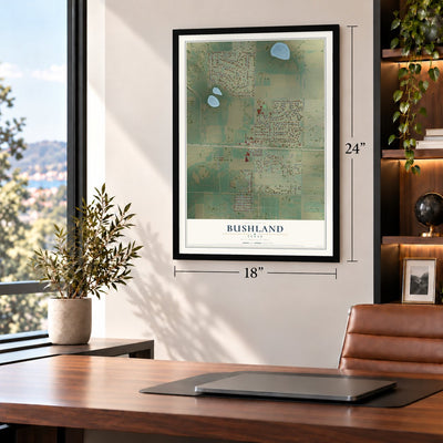 Bushland, Texas map, 18 x 24 inch print in a black frame in a home office