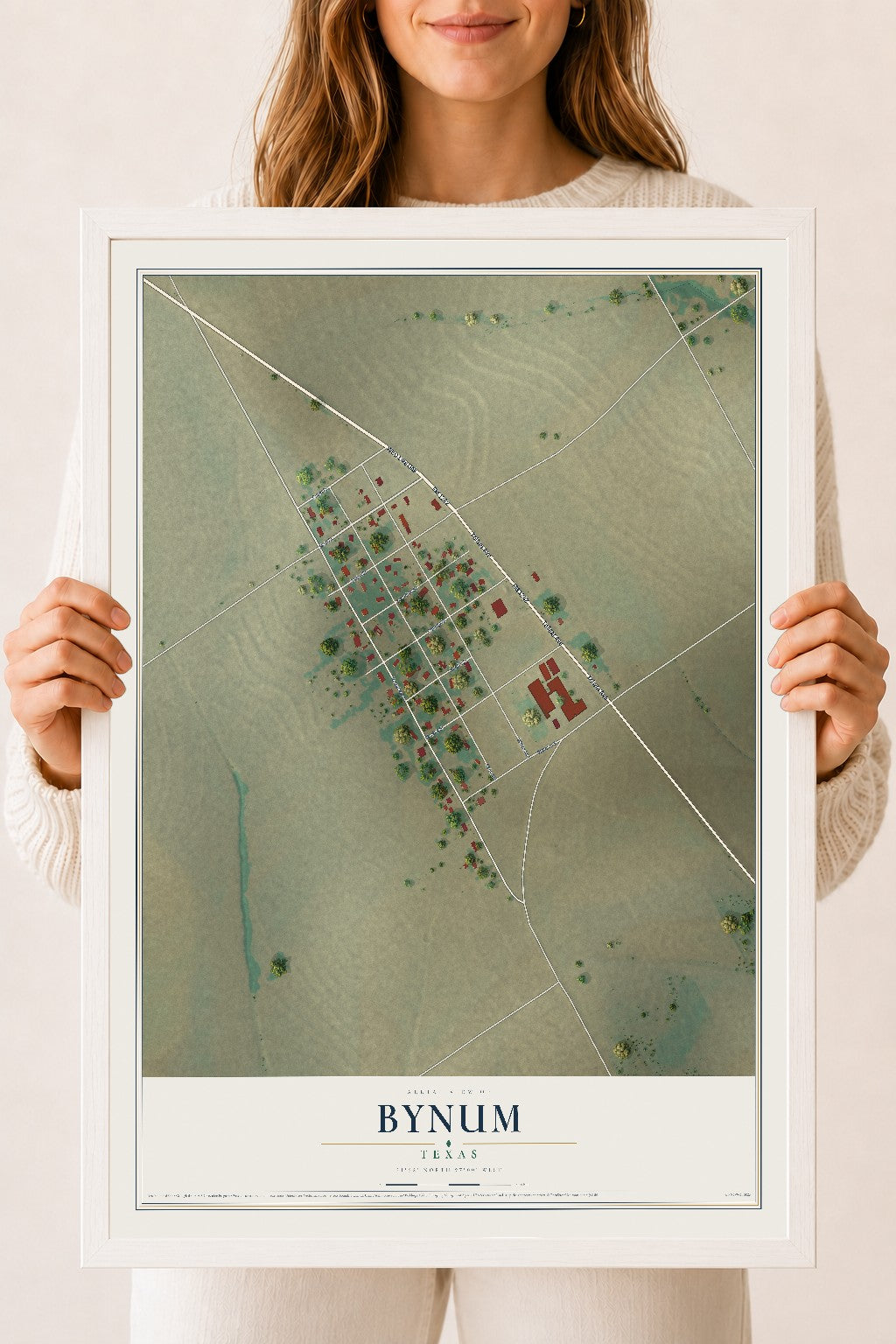 Map of Bynum, Texas, 18 x 24 inch print in a white wood frame
