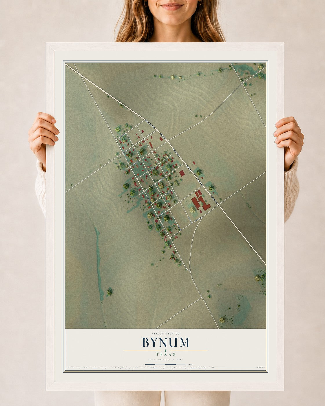 Map of Bynum, Texas, 24 x 36 inch print in a white wood frame