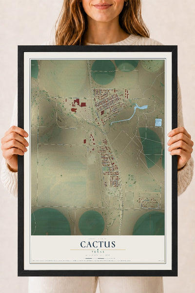 Map of Cactus, Texas, 18 x 24 inch print in a black wood frame