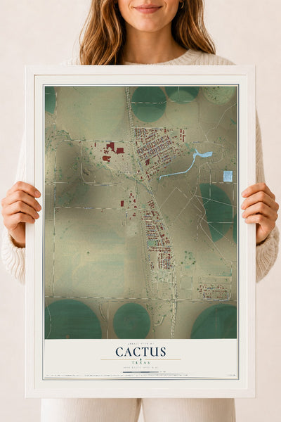 Map of Cactus, Texas, 18 x 24 inch print in a white wood frame