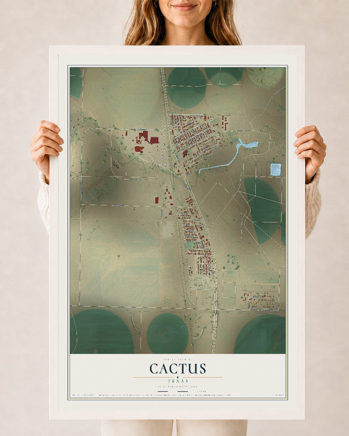Map of Cactus, Texas, 24 x 36 inch print in a white wood frame