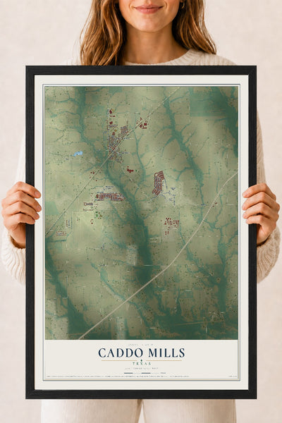 Map of Caddo Mills, Texas, 18 x 24 inch print in a black wood frame
