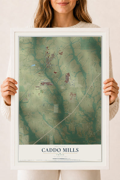 Map of Caddo Mills, Texas, 18 x 24 inch print in a white wood frame