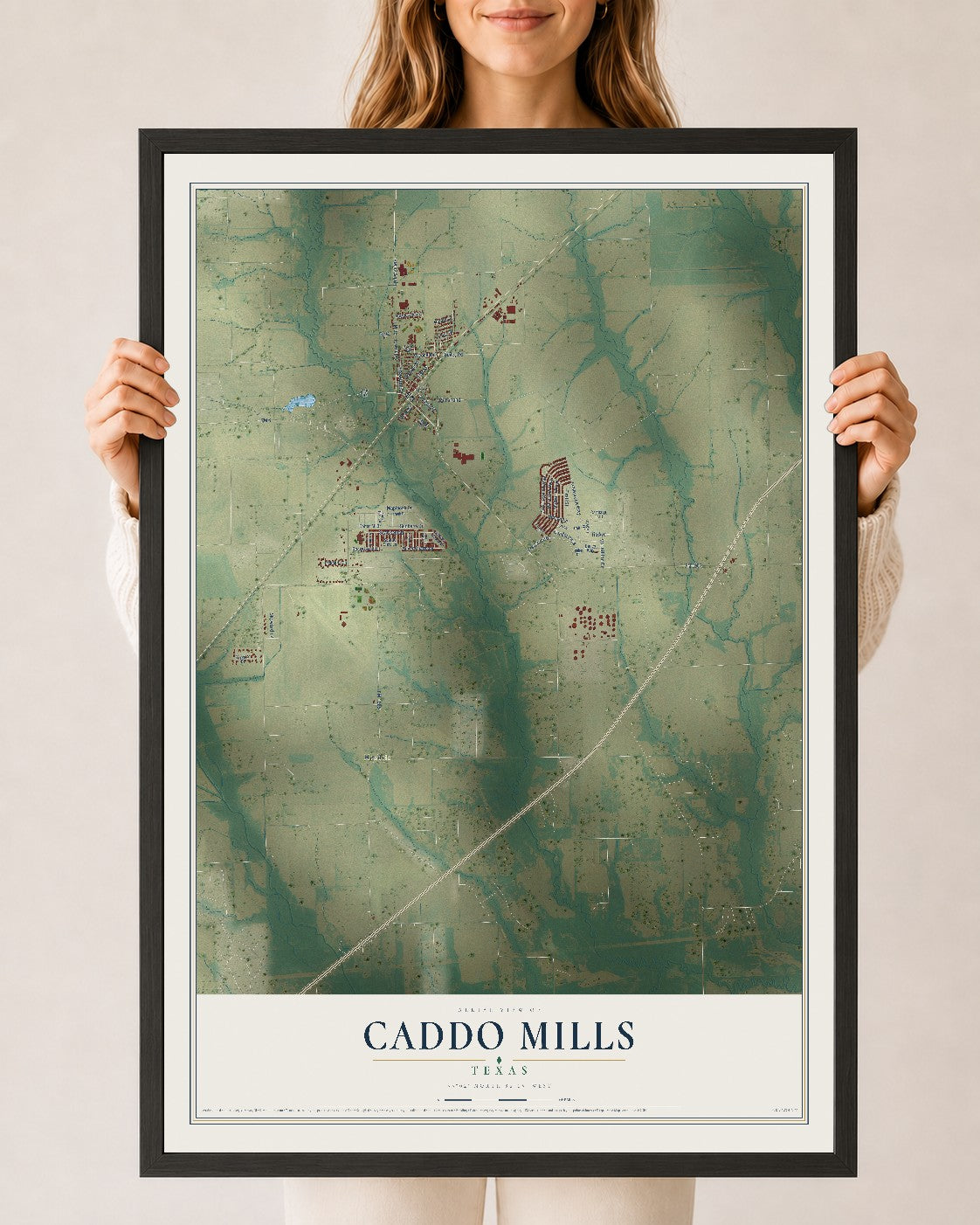 Map of Caddo Mills, Texas, 24 x 36 inch print in a black wood frame