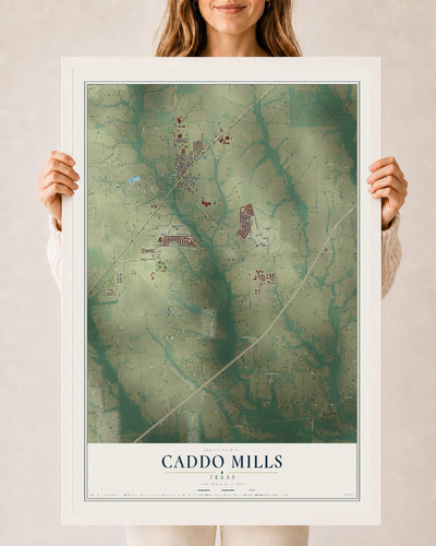 Map of Caddo Mills, Texas, 24 x 36 inch print in a white wood frame
