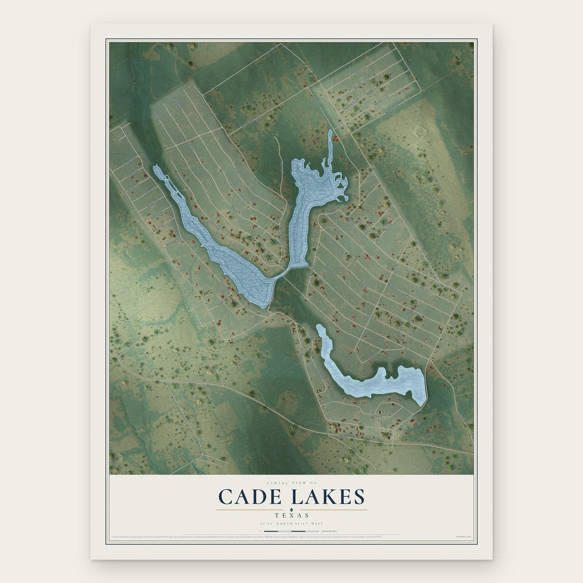 Cade Lakes, Texas map print, the full design