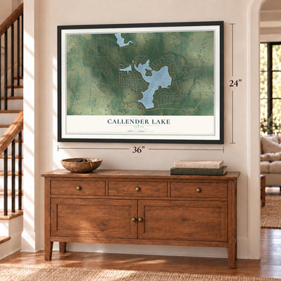 Callender Lake, Texas map, 24 x 36 inch print in a black frame above a dresser by a staircase